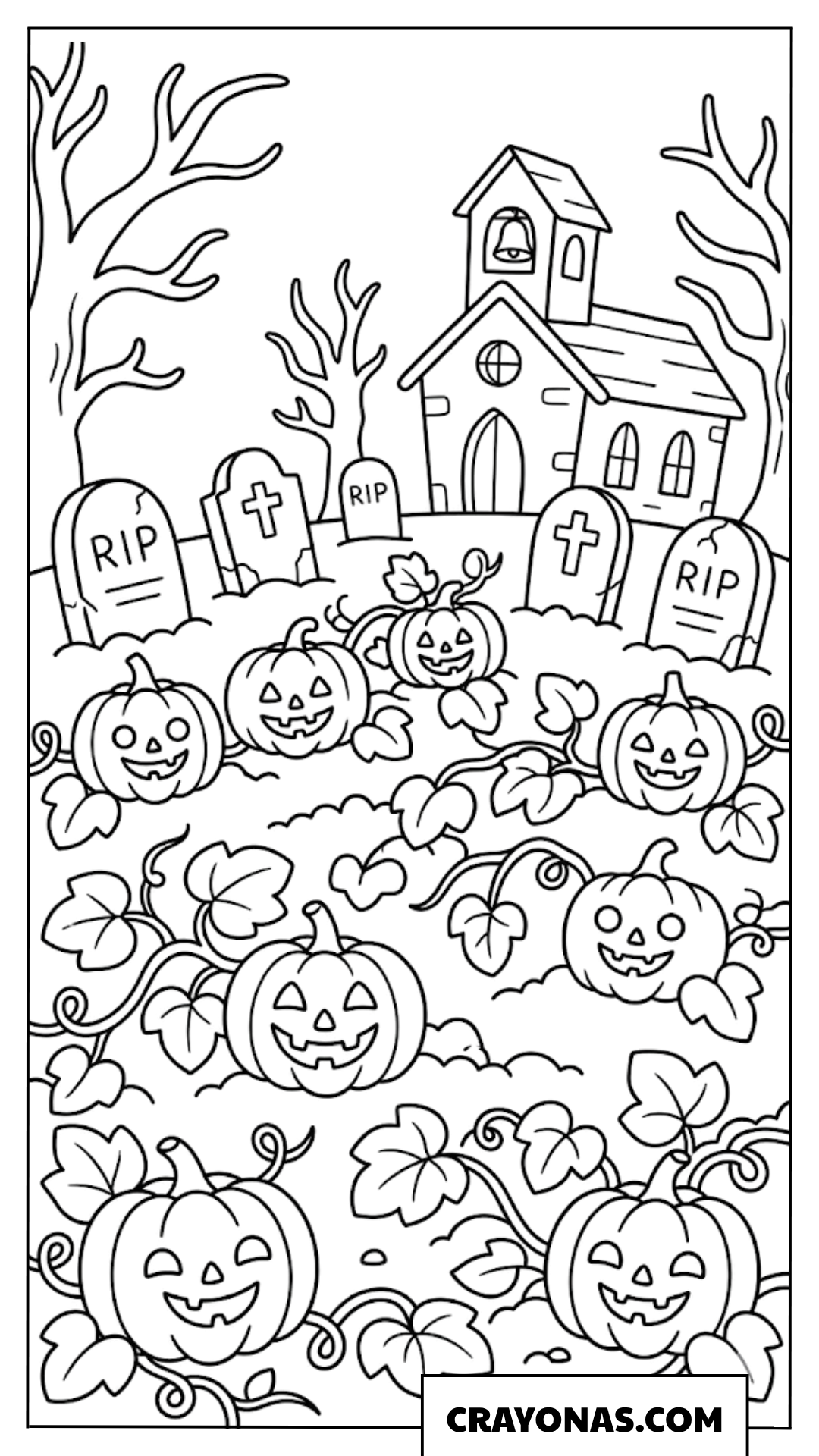 Haunted Graveyard Full of Pumpkins Coloring Page