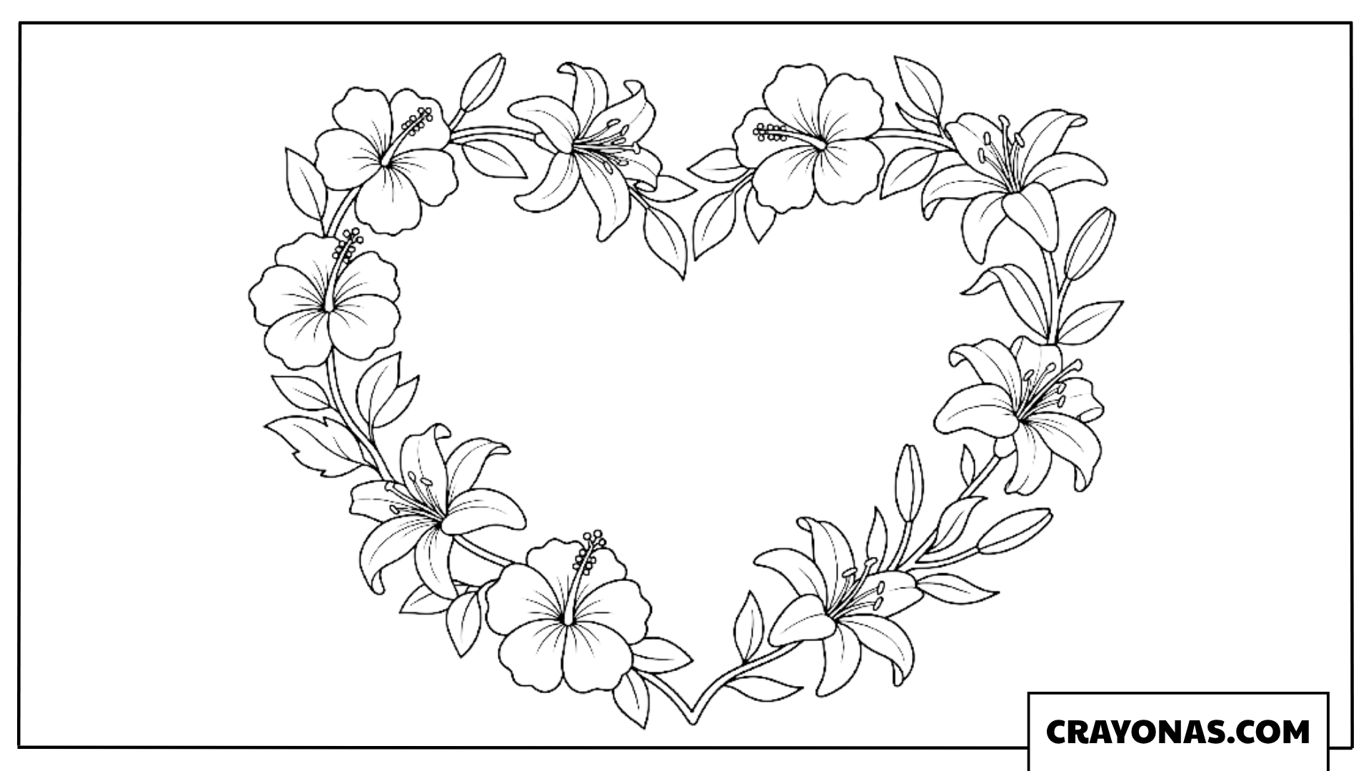 Heart with Hibiscus Flowers Coloring Page