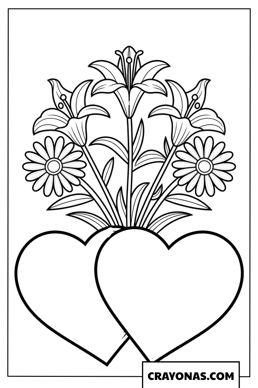 Heart with Lilies and Flowers Coloring Page