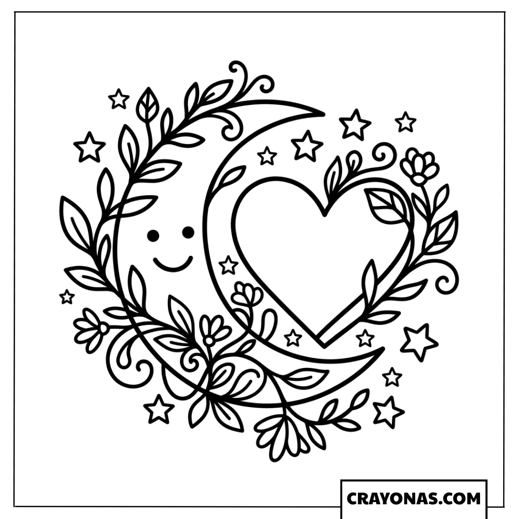 Heart with Moon and Stars Floral Design Coloring Page
