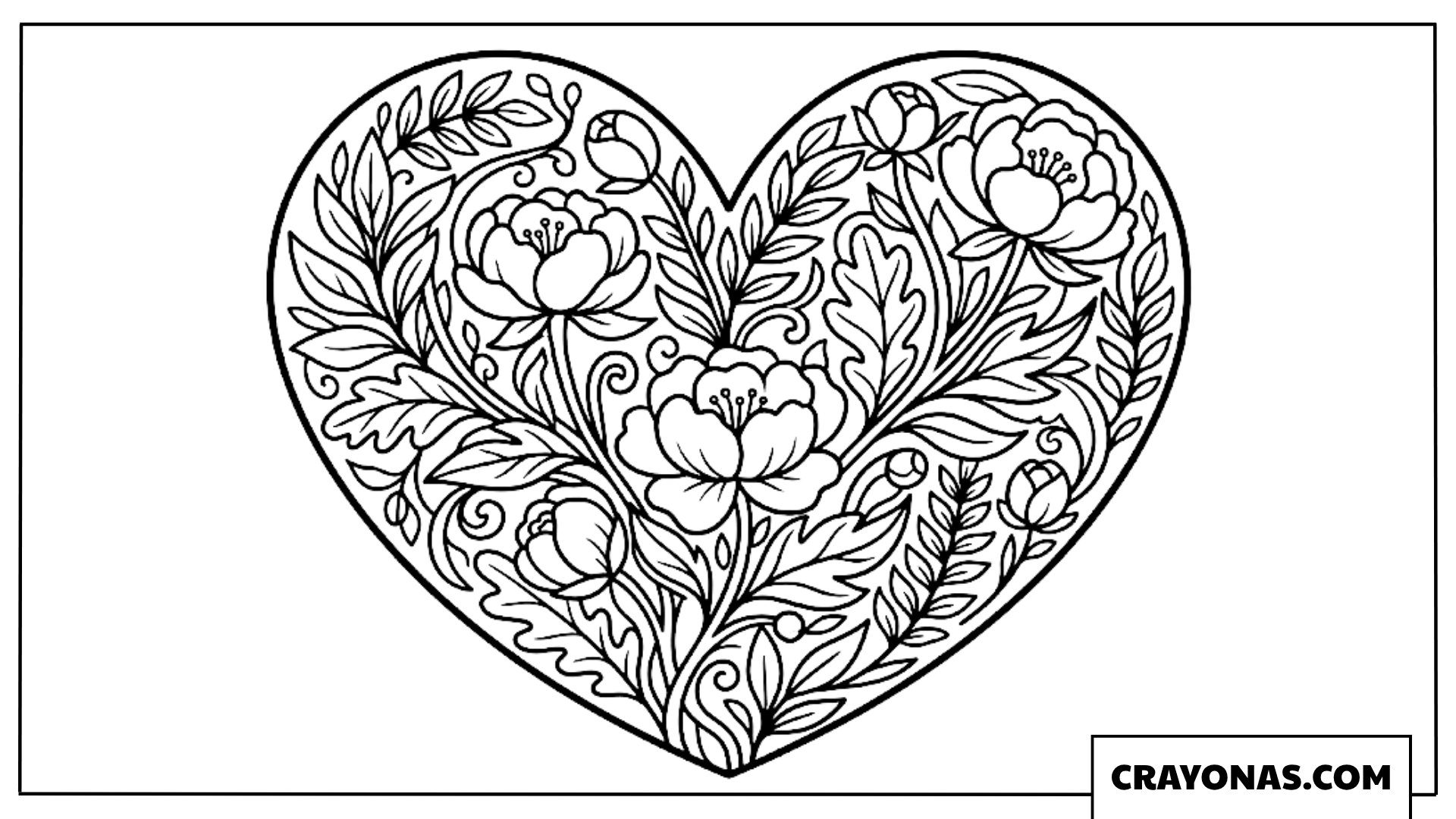 Heart with Roses and Leaves Coloring Page