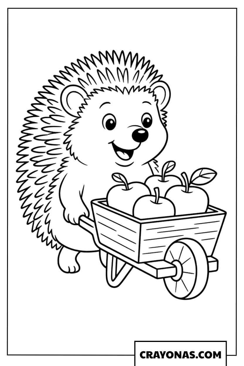Hedgehog Pushing Apple Cart Fall Coloring Page