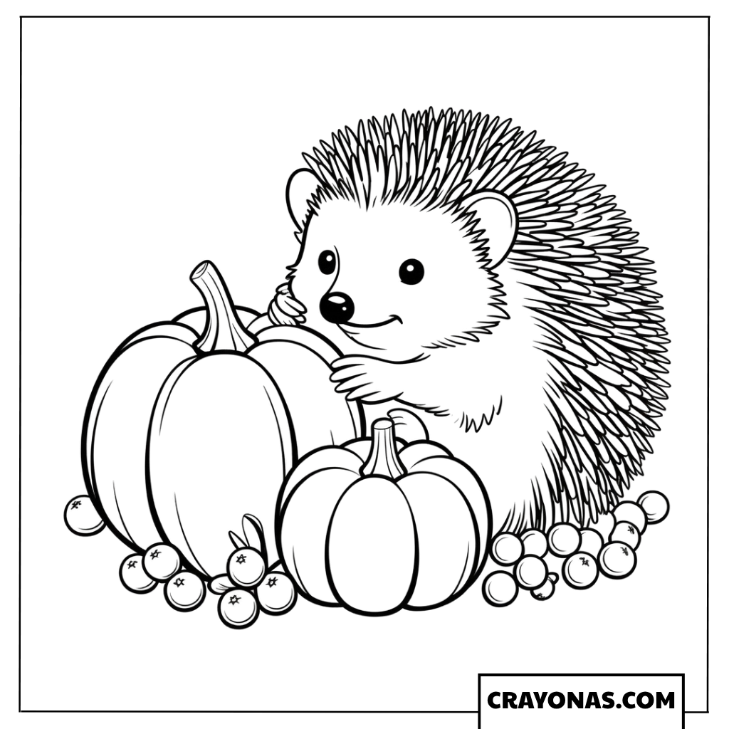 Hedgehog with Pumpkins Coloring Page