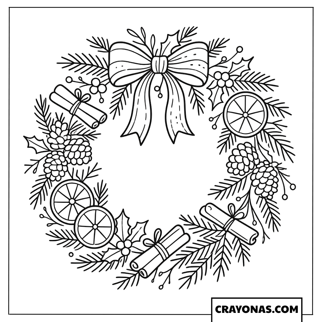 Holiday Wreath with Gifts Coloring Page