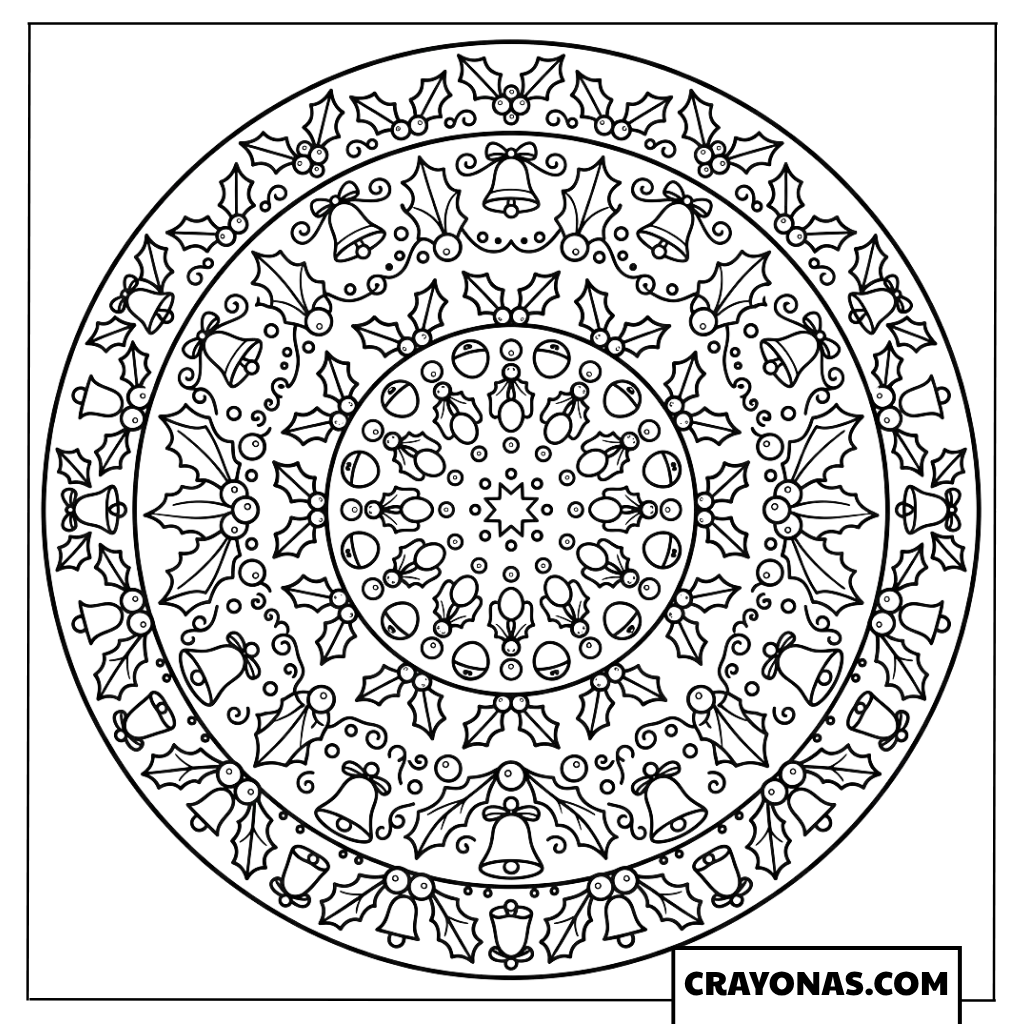 Holly Bells Christmas Mandala Coloring Page