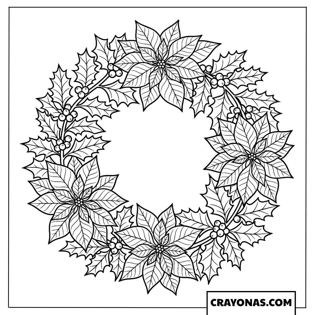 Holly Poinsettia Wreath Coloring Page