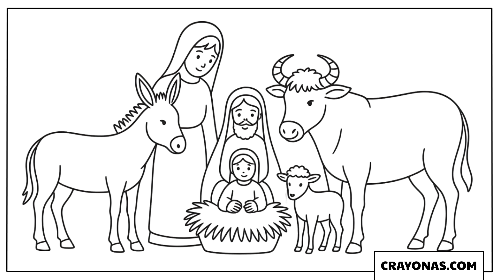 Holy Family with Donkey and Cow Coloring Page