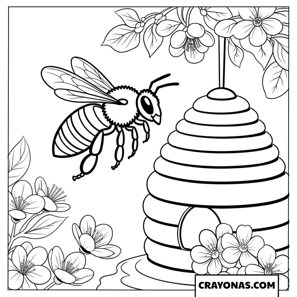 Honeybee and Beehive Coloring Page