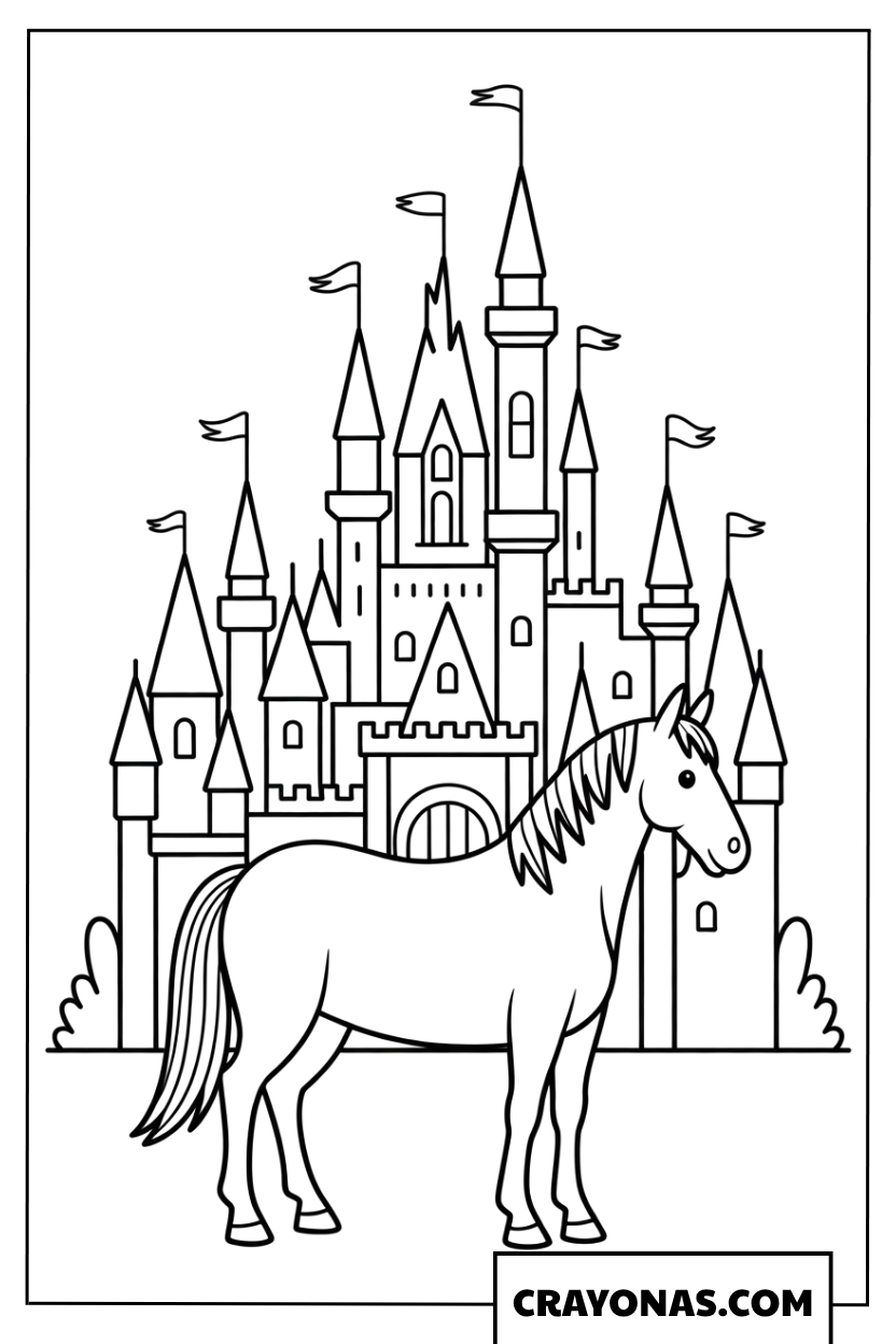 Horse in Front of Castle Coloring Page