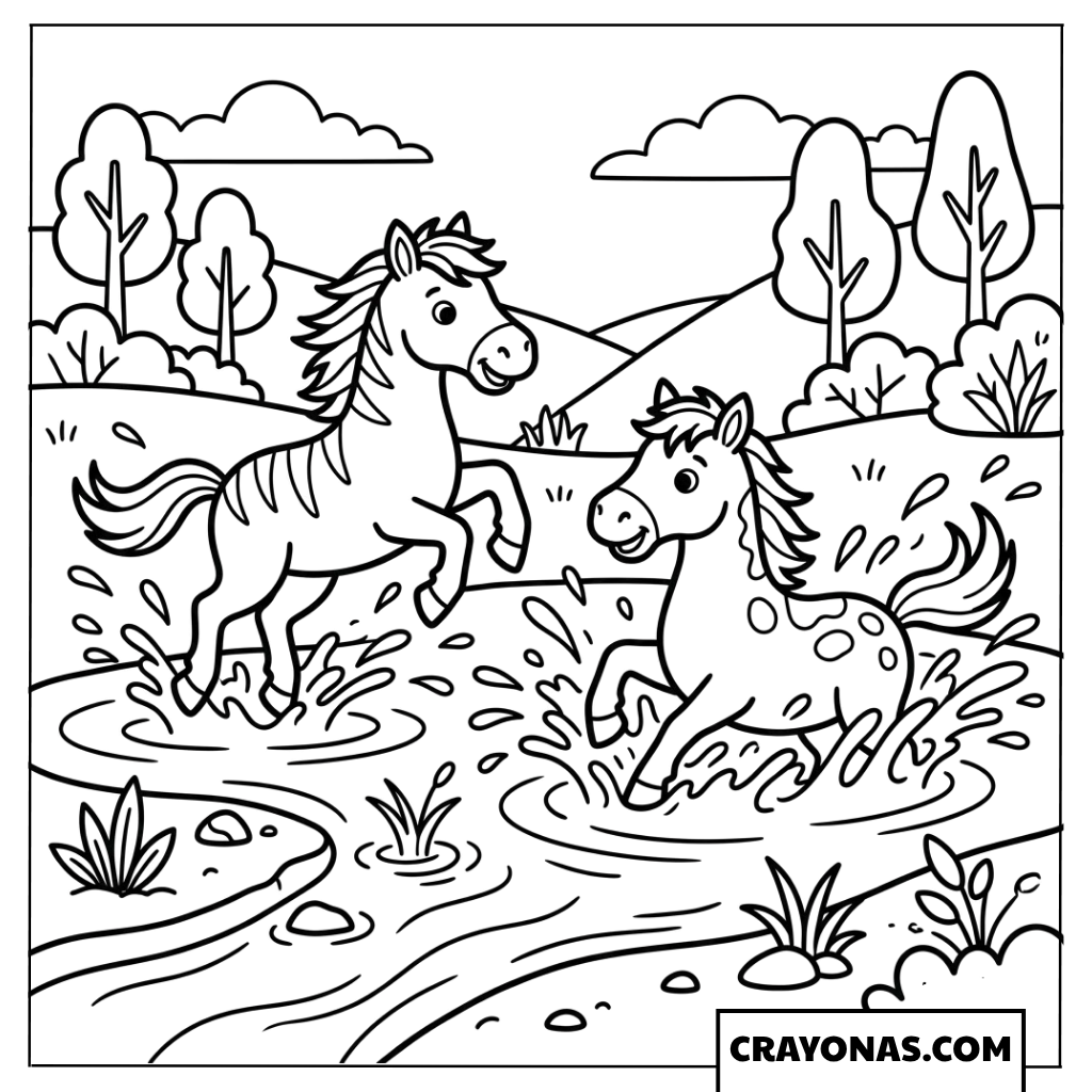 Horses Playing in River Coloring Page