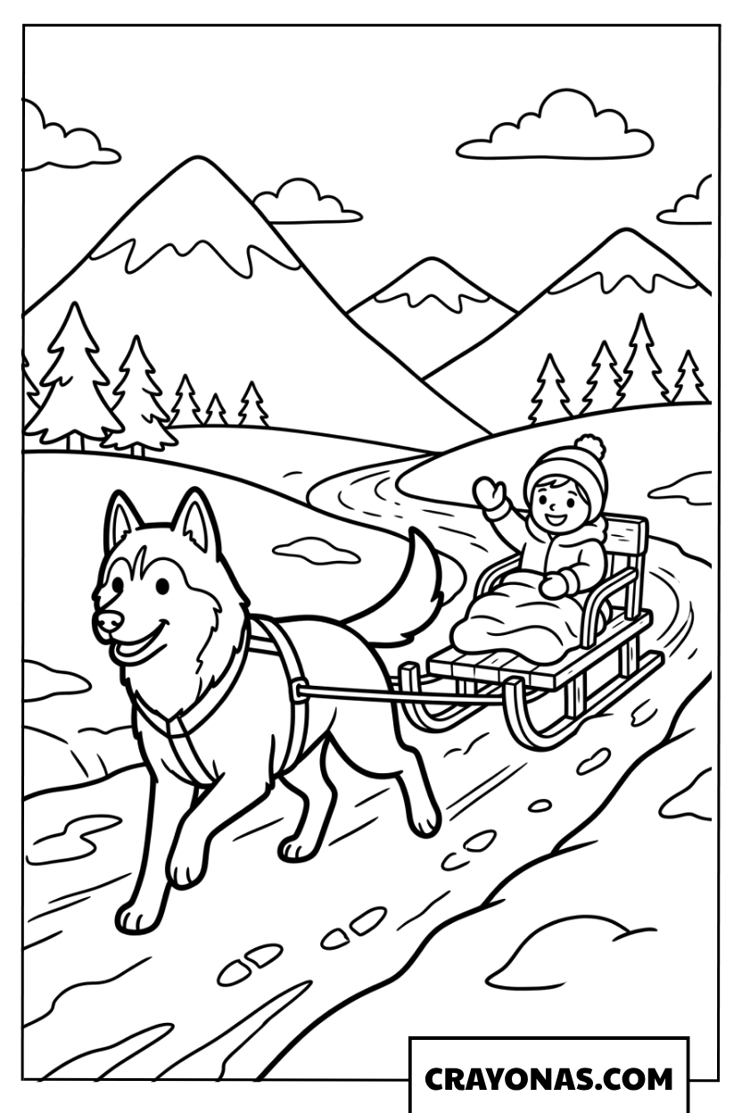 Husky Pulling Sled Coloring Page