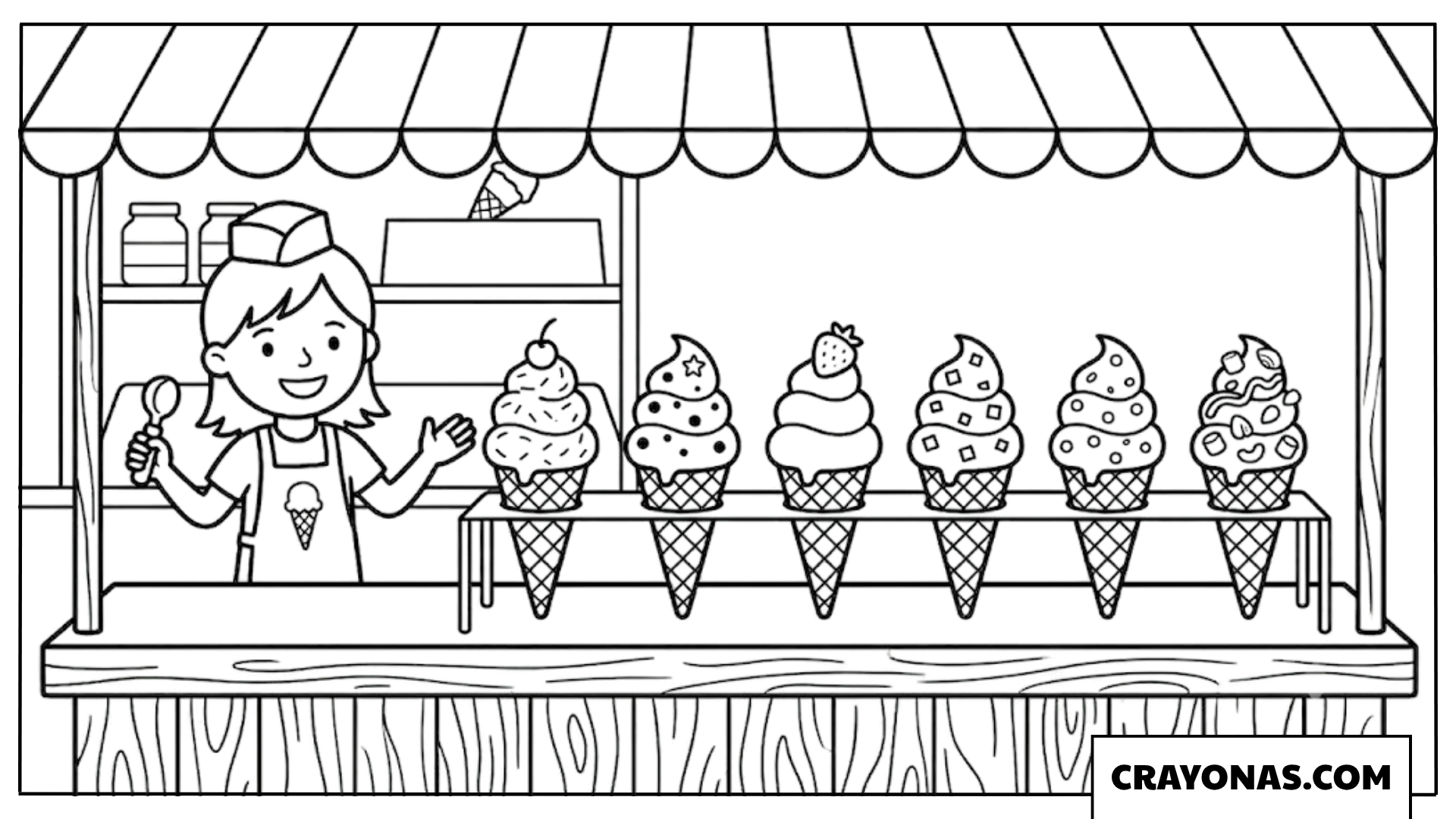 Ice Cream Stand with Vendor and Cones Coloring Page