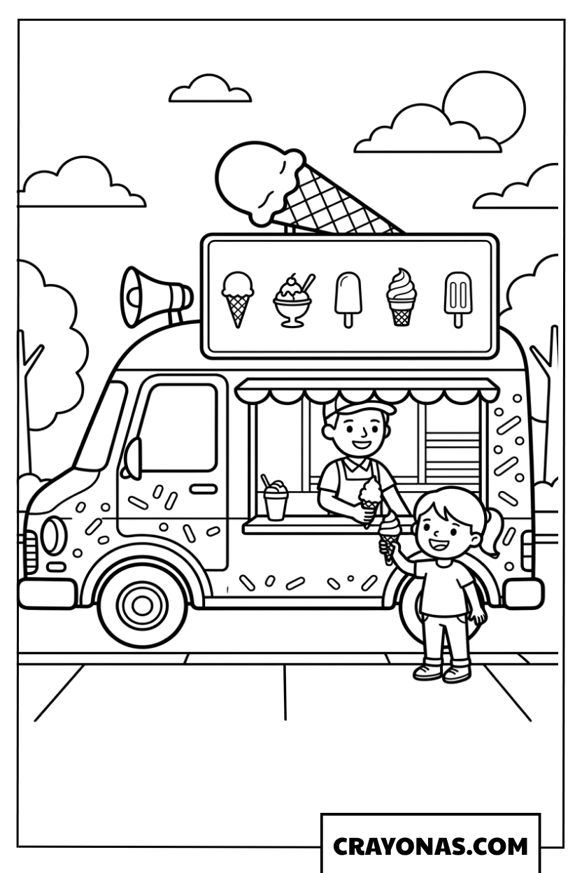 Ice Cream Truck Serving Customers Coloring Page