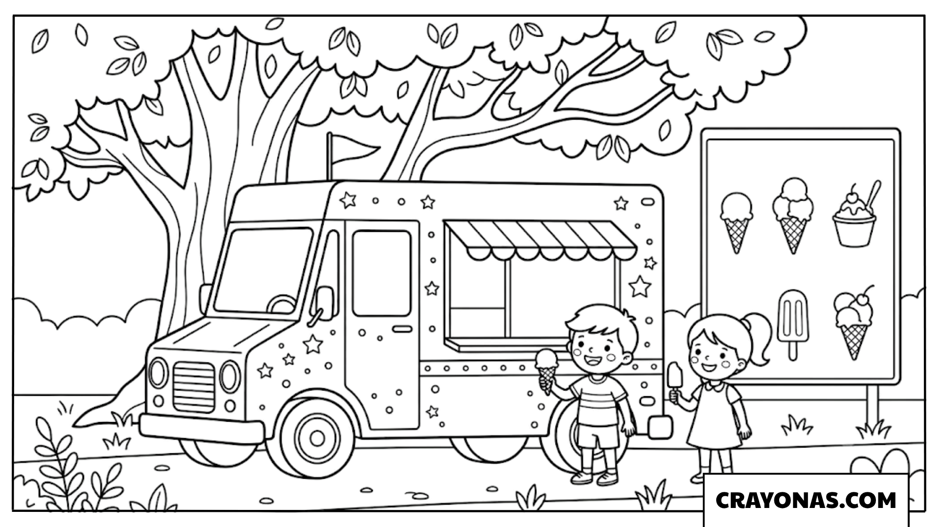 Ice Cream Truck with Kids Buying Coloring Page