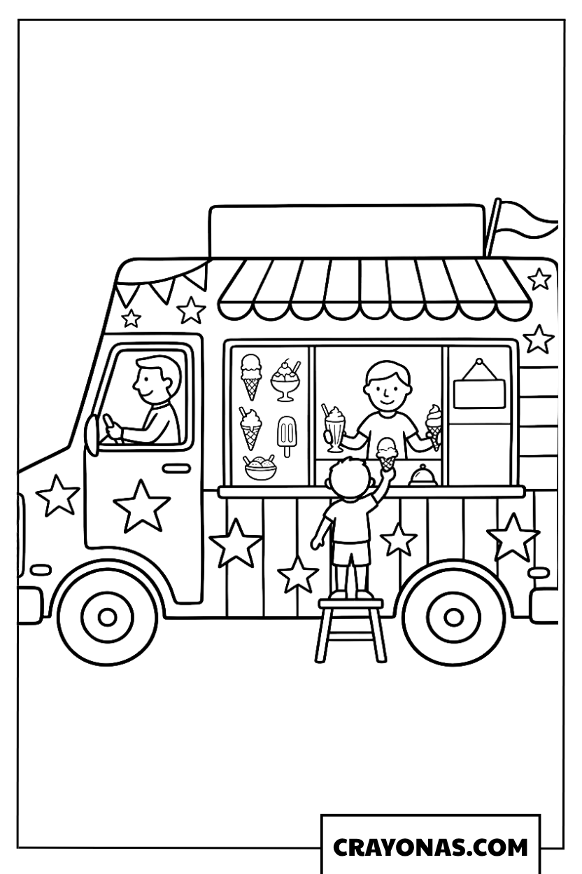 Ice Cream Truck with Kids Buying Treats Coloring Page