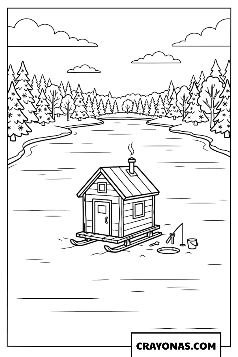 Ice Fishing Hut on Frozen Lake Coloring Page