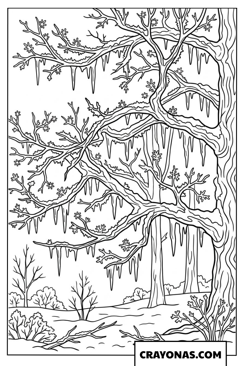 Icicle Covered Bare Tree Coloring Page