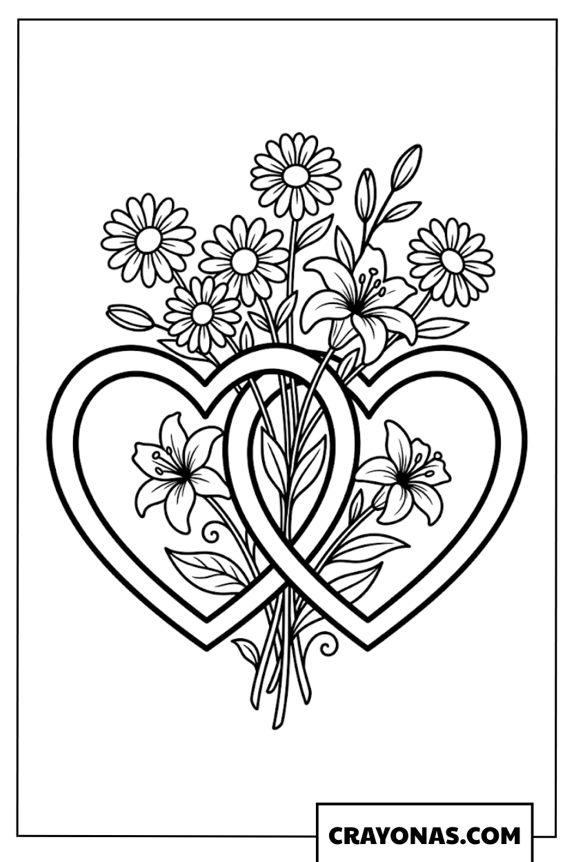 Intertwined Hearts with Flowers Coloring Page