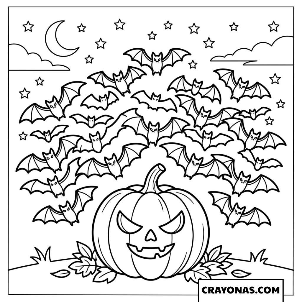 Jack-O'-Lantern Surrounded by Bats Coloring Page