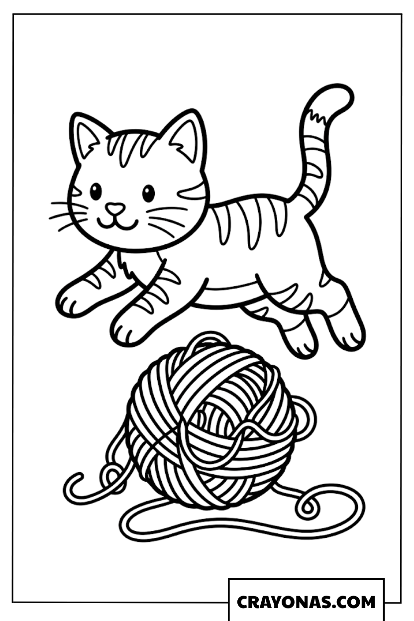 Jumping Cat and Yarn Ball Coloring Page
