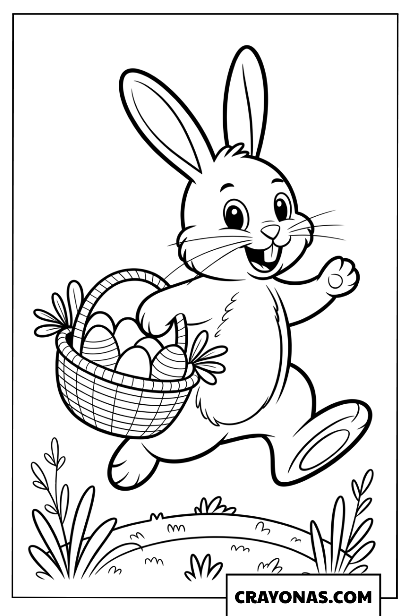 Jumping Easter Bunny with Basket Coloring Page