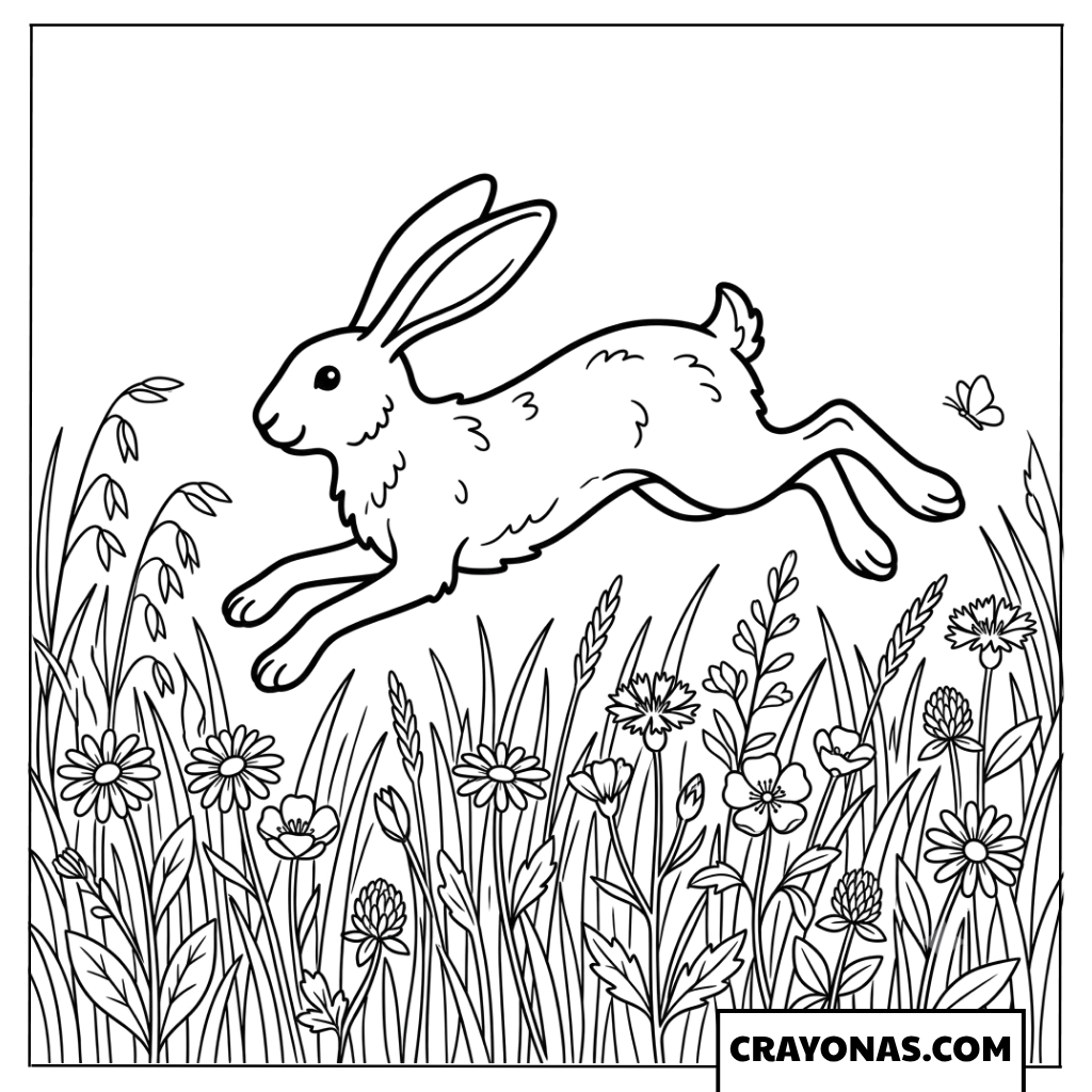 Jumping Rabbit in Meadow Coloring Page