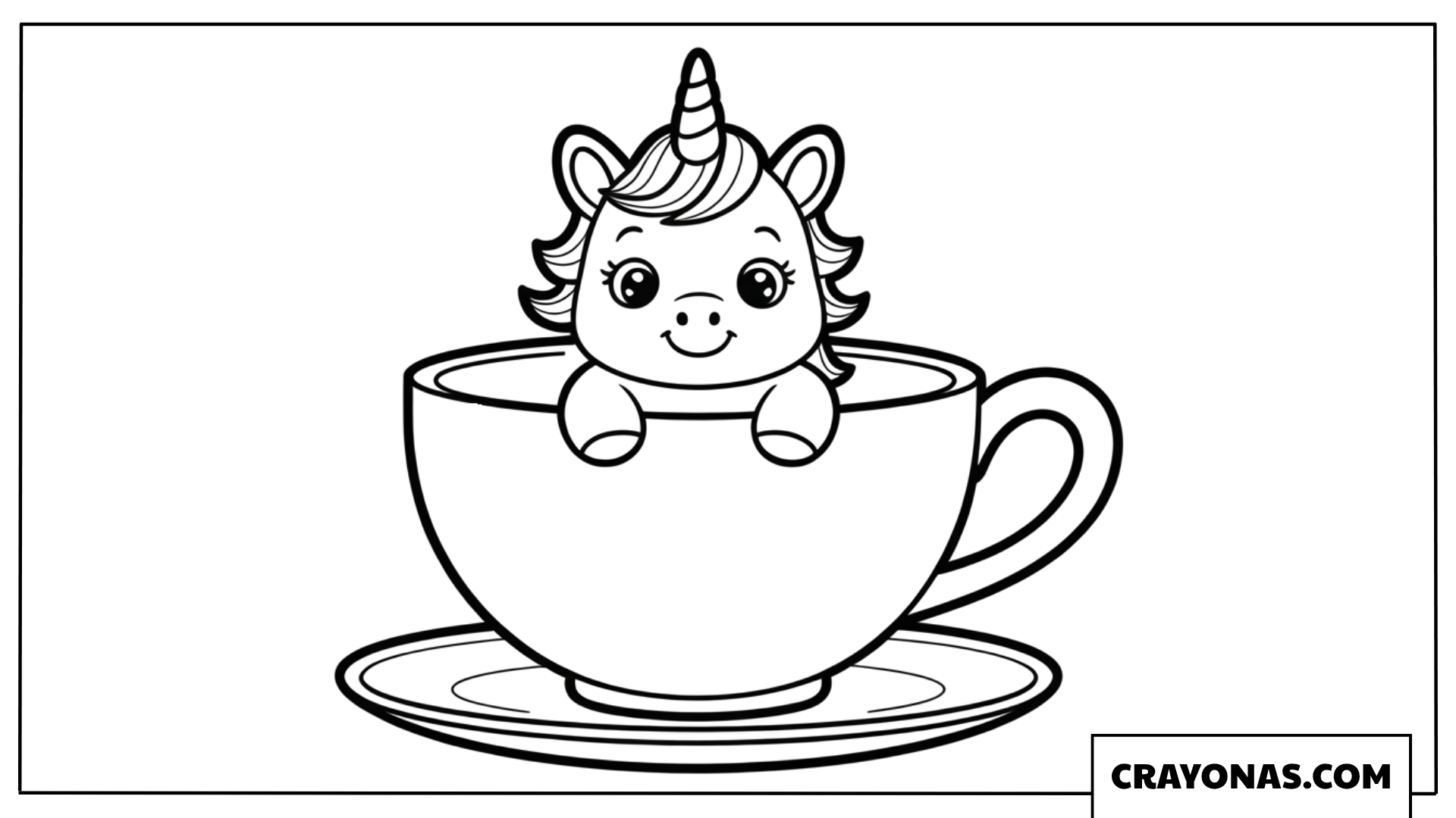 Kawaii Baby Unicorn in Teacup Coloring Page