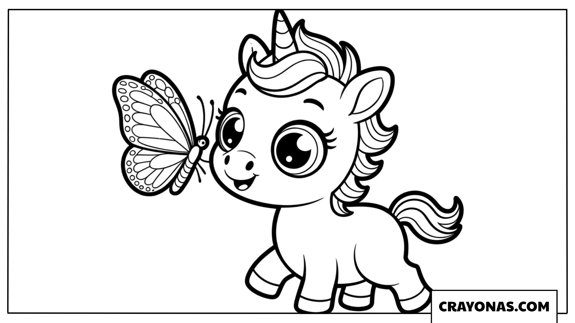Kawaii Baby Unicorn with Butterfly Coloring Page