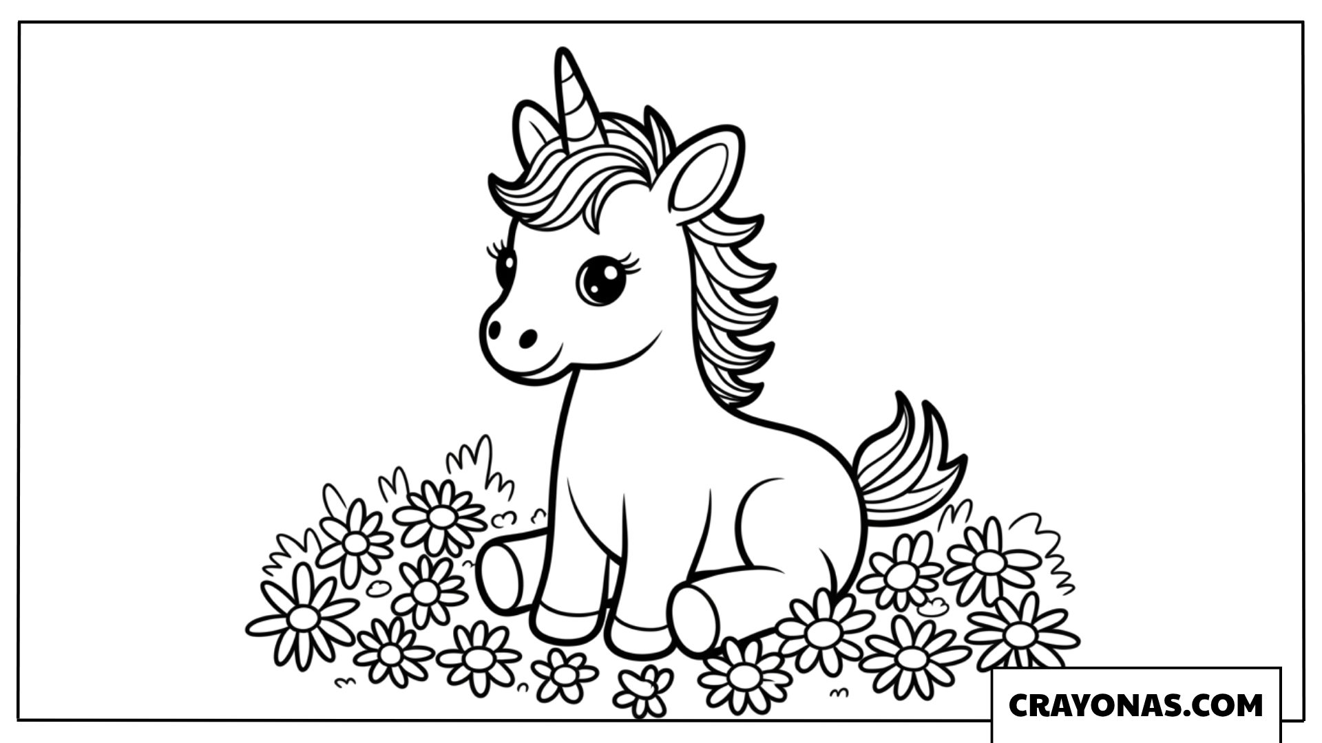 Kawaii Baby Unicorn with Flowers Coloring Page