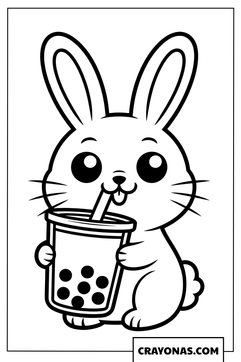 Kawaii Bunny Drinking Bubble Tea Coloring Page
