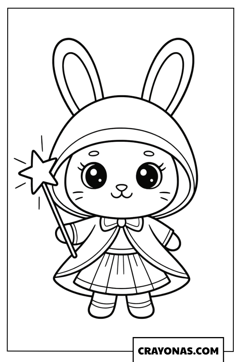 Kawaii Bunny Wizard with Magic Wand Coloring Page