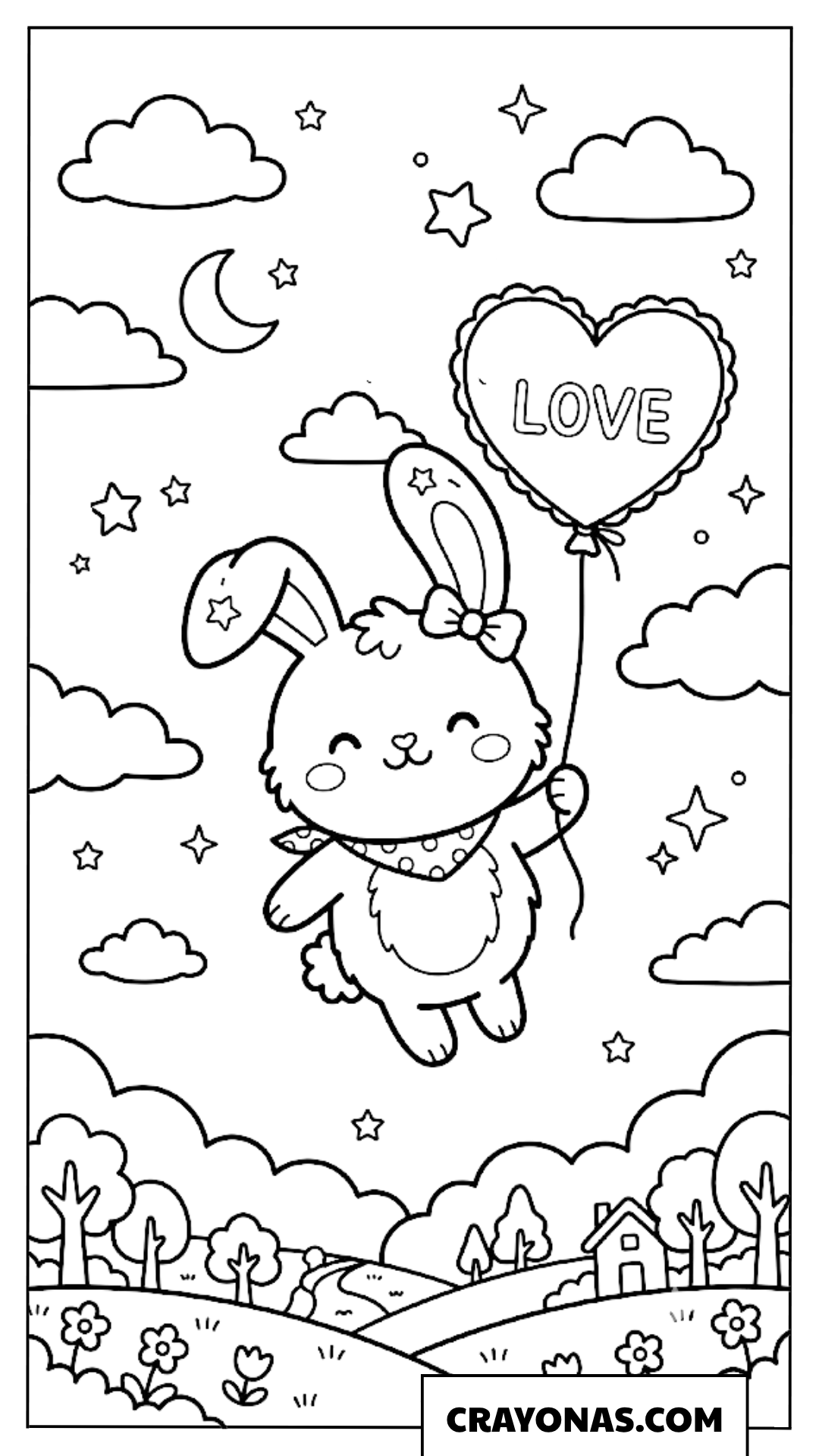 Kawaii Bunny with Heart Balloon Coloring Page