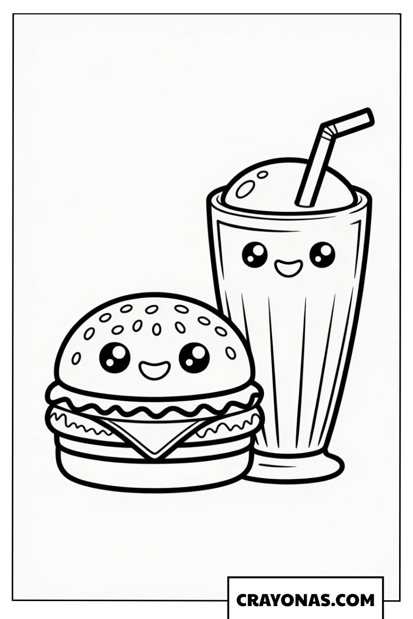 Kawaii Burger and Milkshake Coloring Page