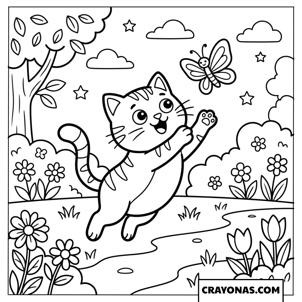 Kawaii Cat Chasing Butterfly Coloring Page