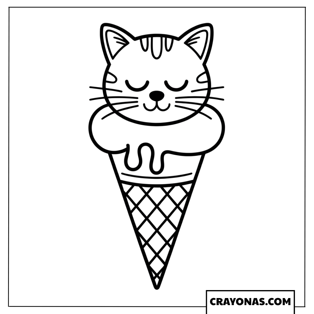 Kawaii Cat Ice Cream Cone Coloring Page