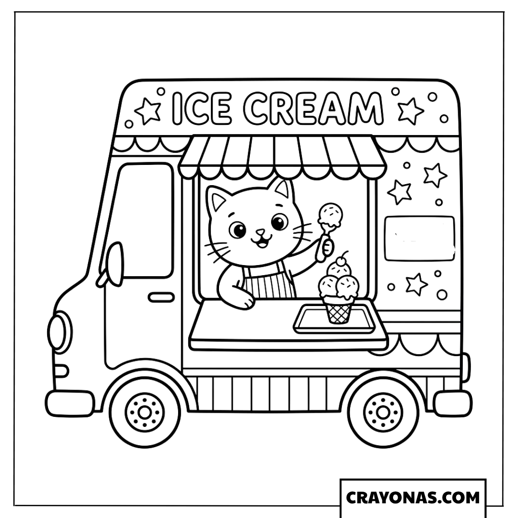 Kawaii Cat Serving Ice Cream from Truck Coloring Page