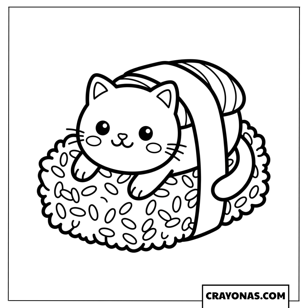 Kawaii Cat Sushi Roll Coloring Page