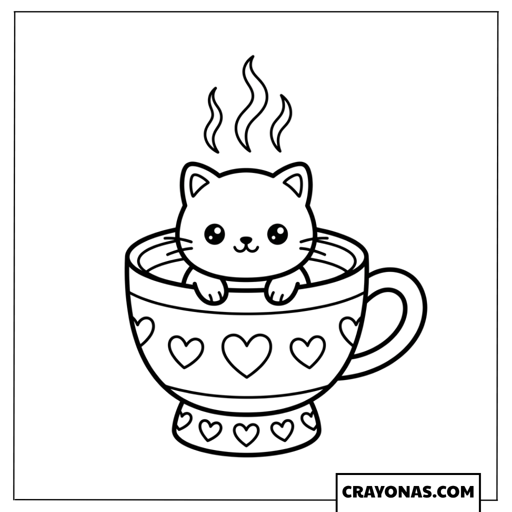 Kawaii Cat in Teacup Coloring Page