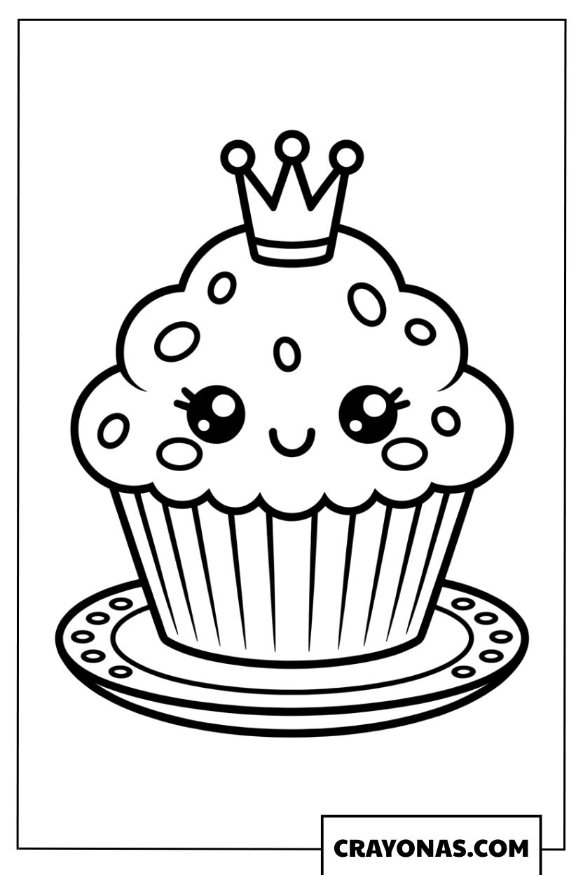 Kawaii Cupcake with Crown Coloring Page