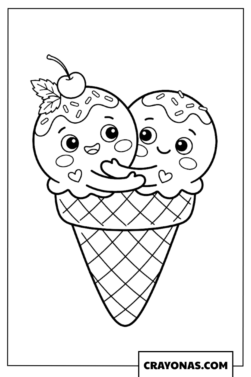 Kawaii Double Scoop Ice Cream Cone Hug Coloring Page