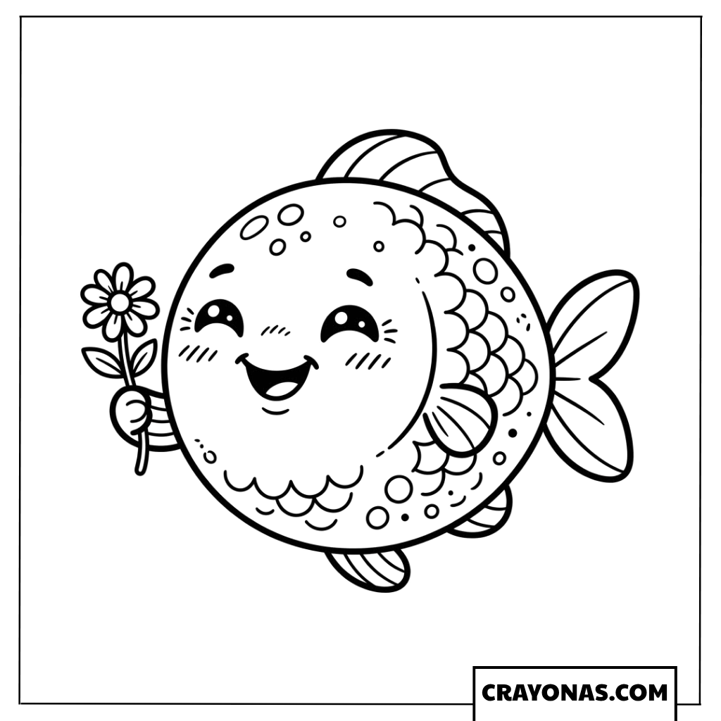 Kawaii Fish Holding Flower Coloring Page