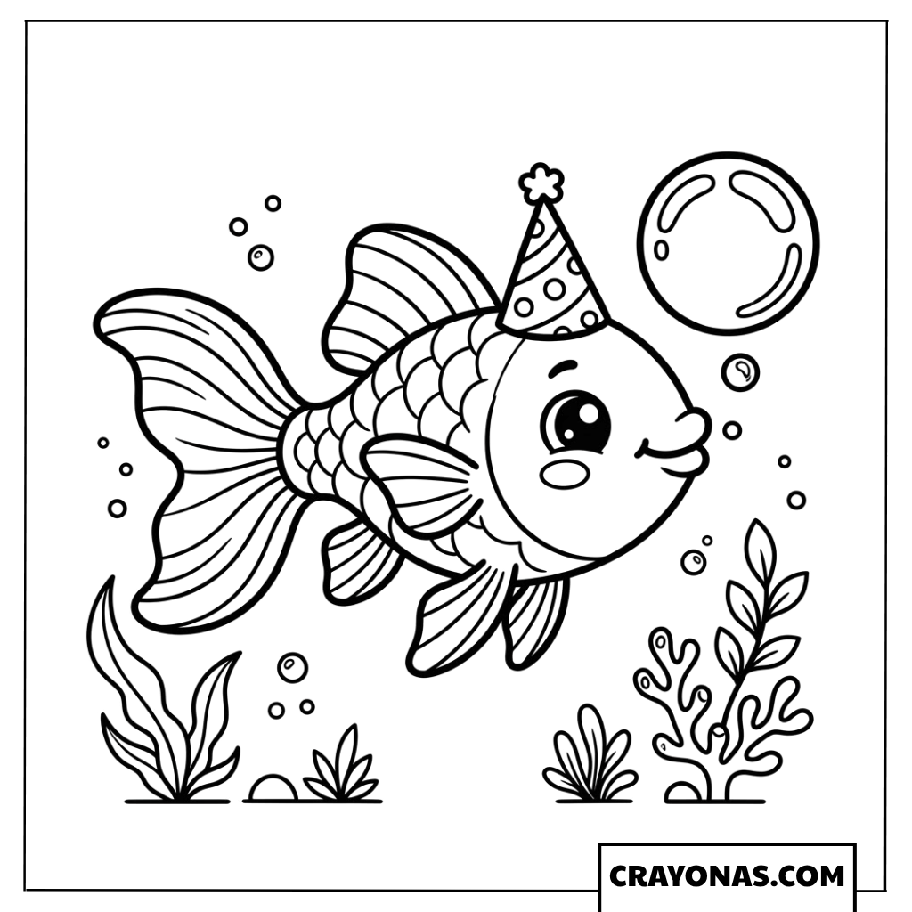 Kawaii Fish with Party Hat Coloring Page
