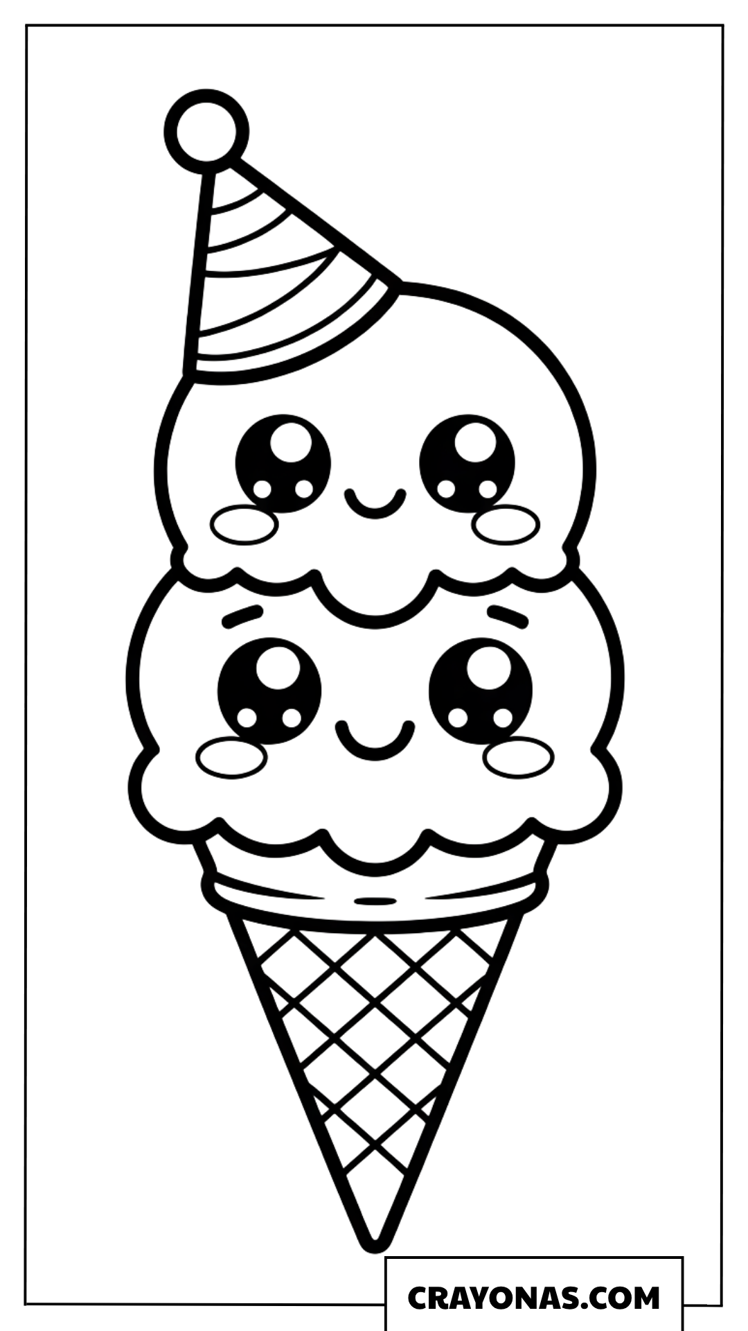 Kawaii Ice Cream Cone with Party Hat Coloring Page