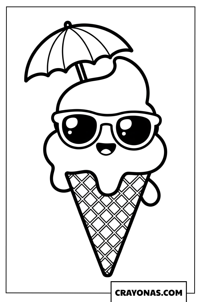 Kawaii Ice Cream Cone with Sunglasses and Umbrella Coloring Page
