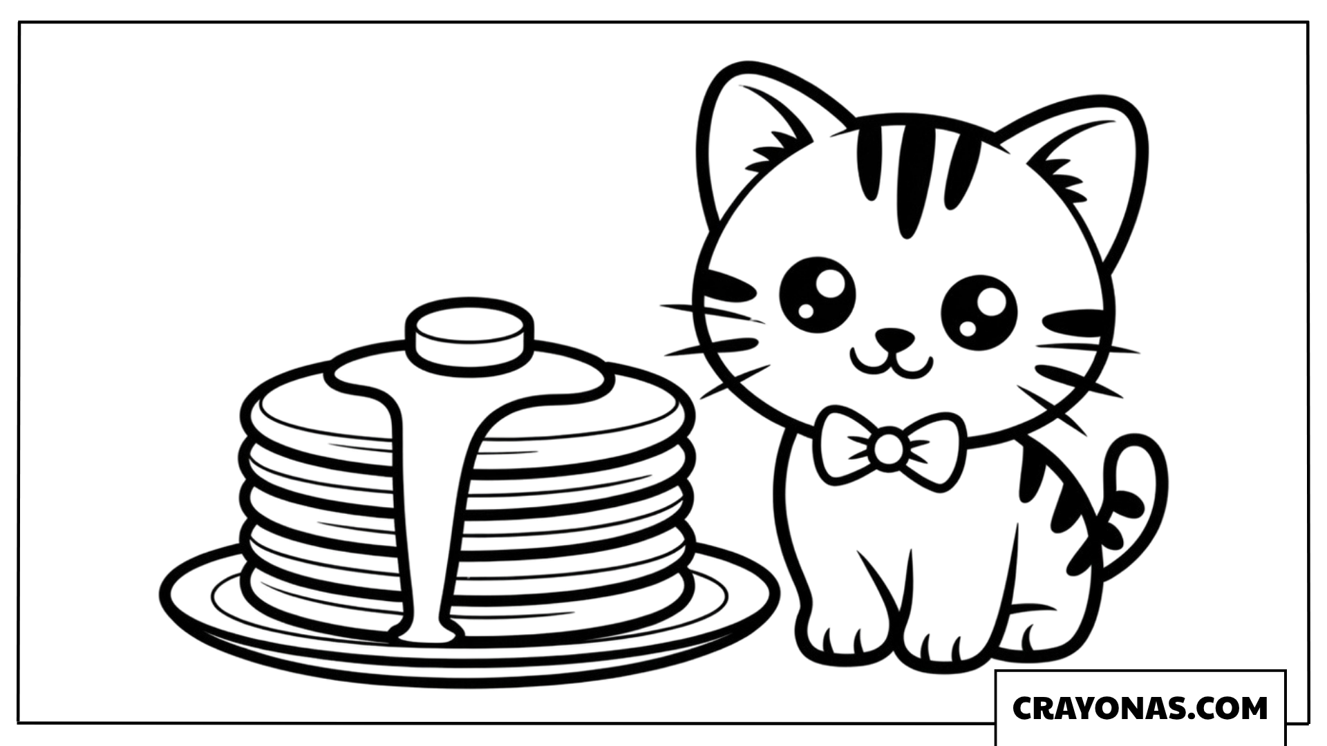 Kawaii Kitten with Pancakes Coloring Page