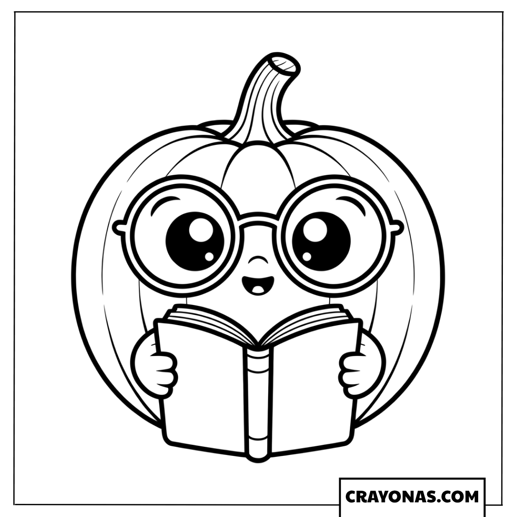 Kawaii Pumpkin Reading a Book Coloring Page
