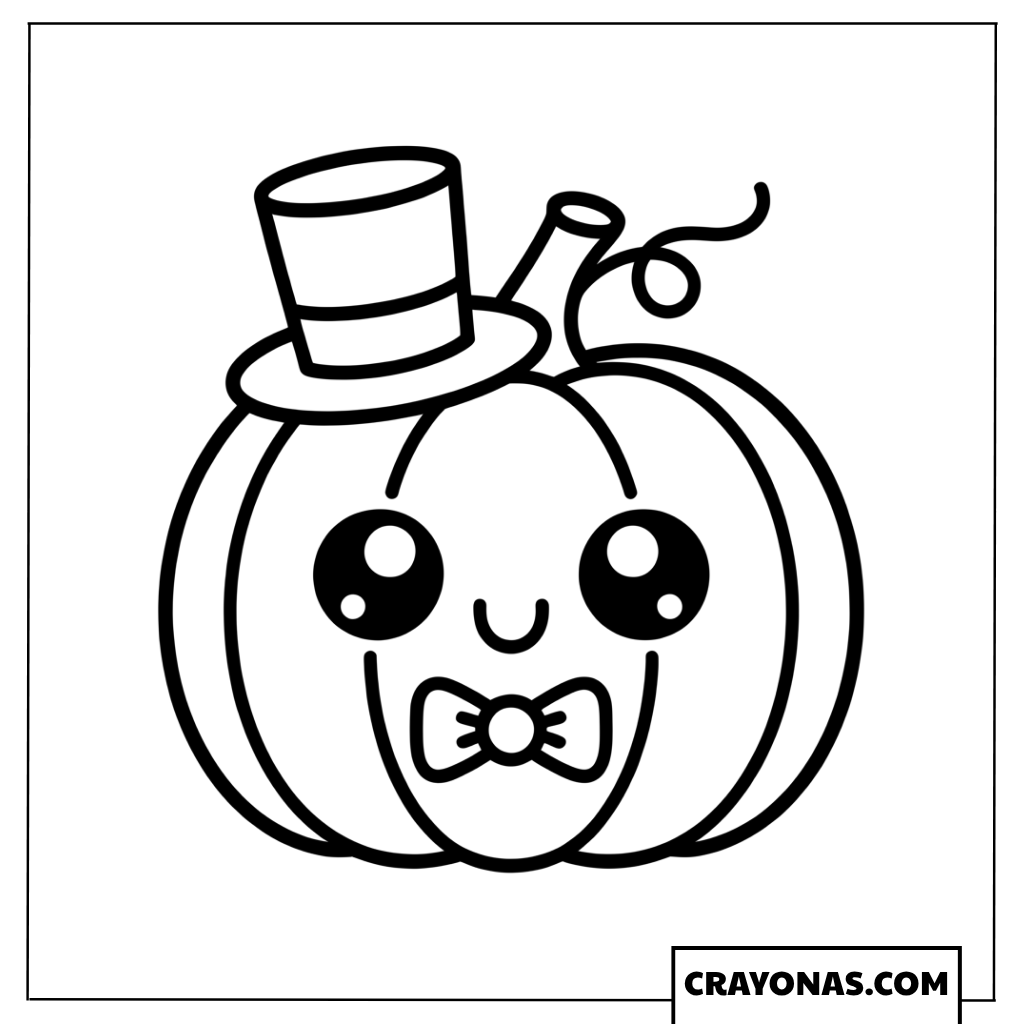 Kawaii Pumpkin with Top Hat and Bow Coloring Page