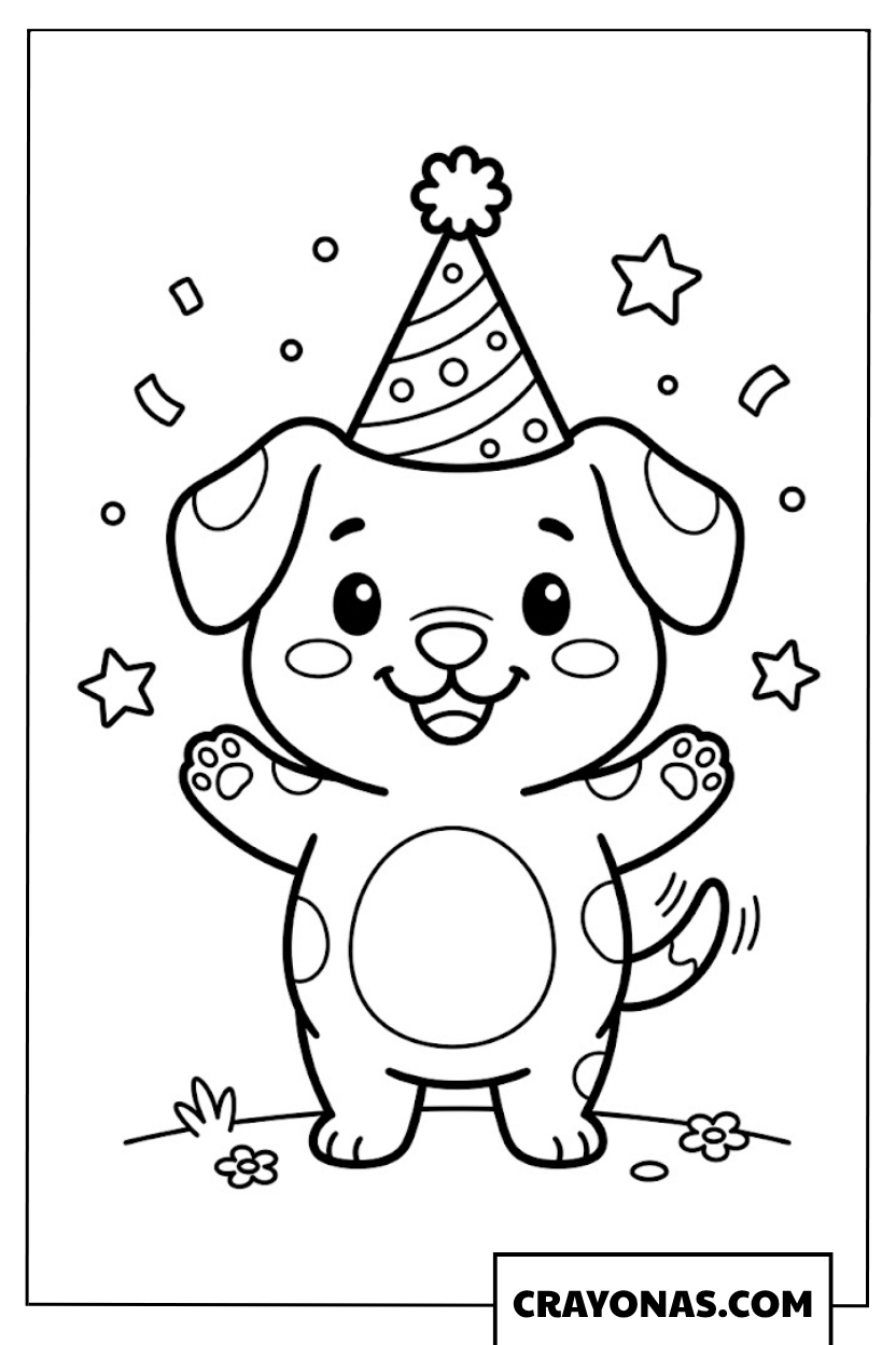 Kawaii Puppy in Party Hat Coloring Page