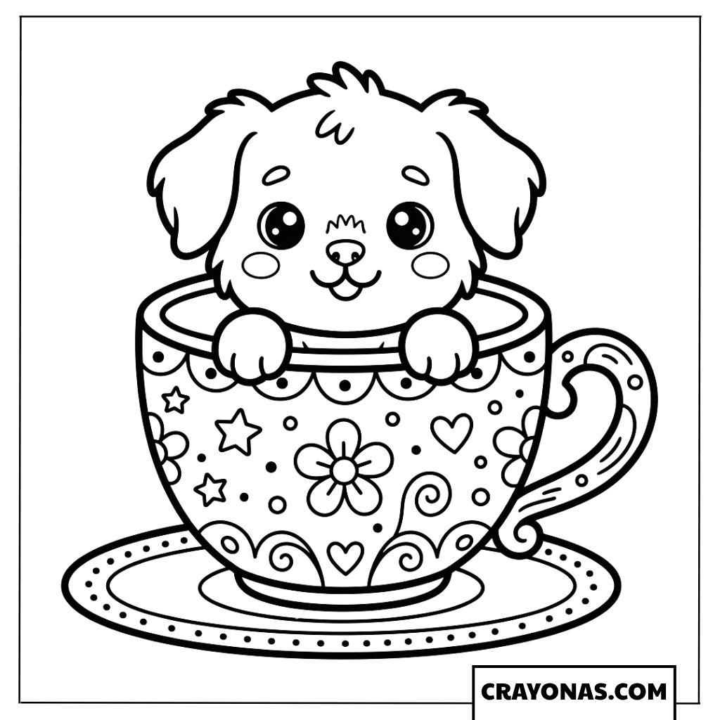 Kawaii Puppy in Teacup Coloring Page