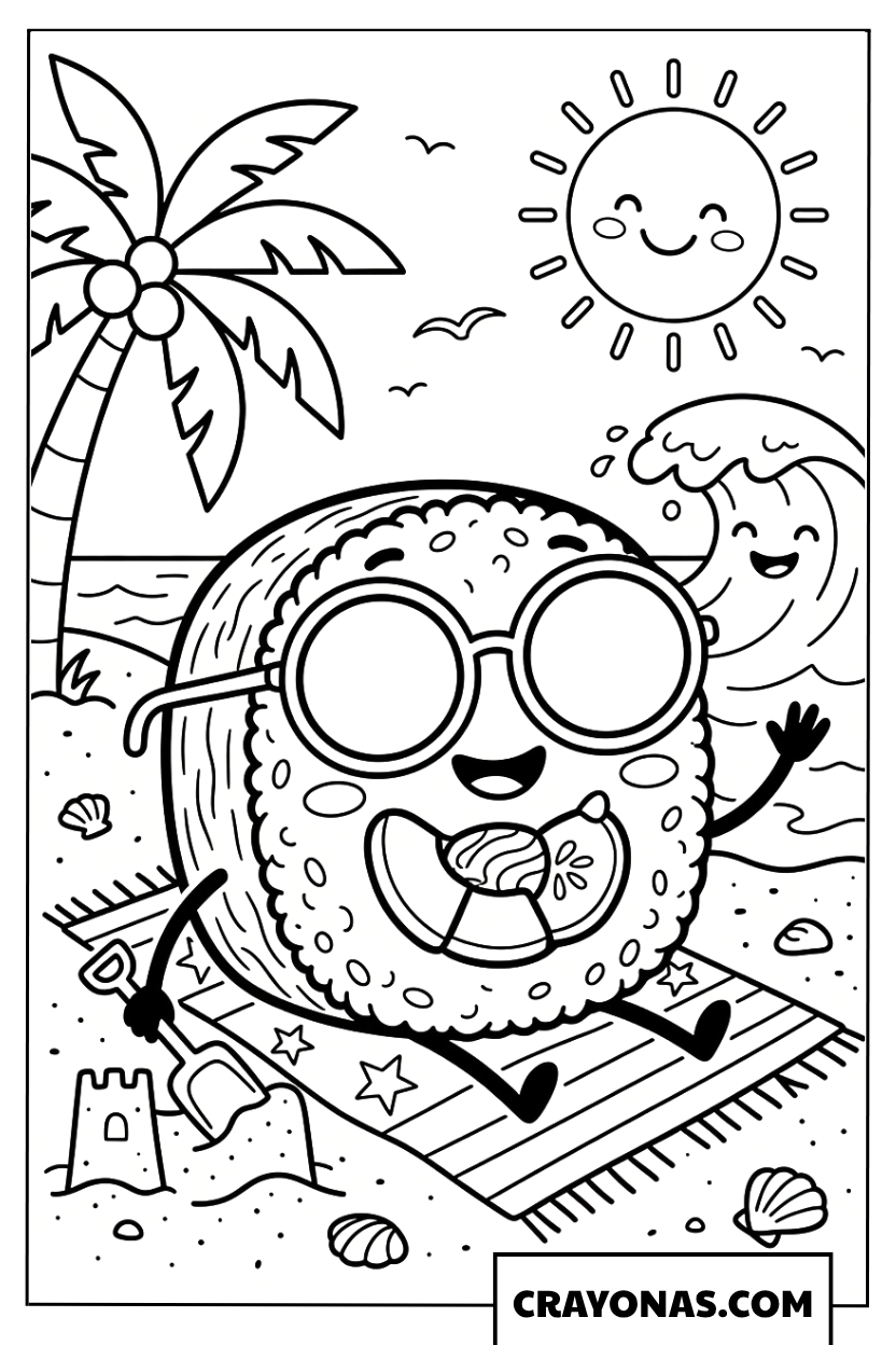 Kawaii Sushi at the Beach Coloring Page